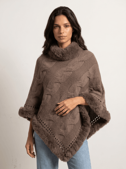 Fuzzy-Hem Cable Knit Poncho Cape - vencé