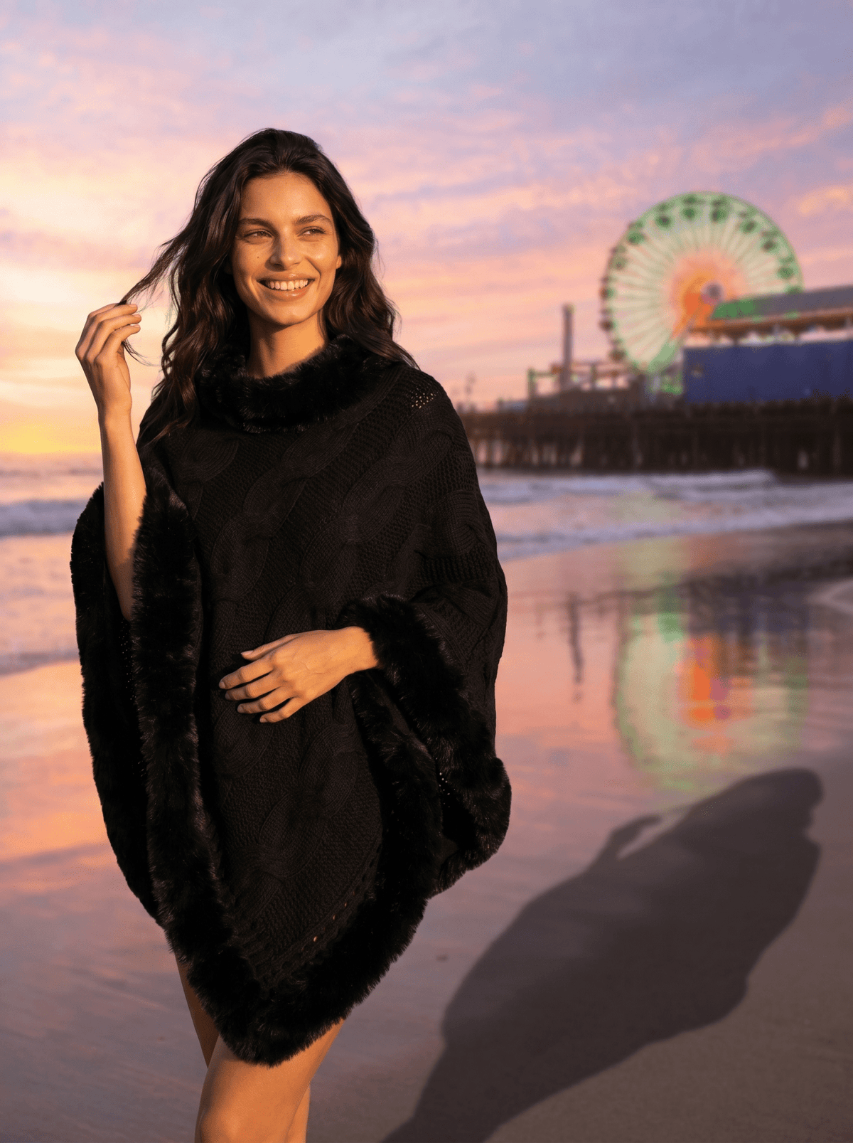 Fuzzy-Hem Cable Knit Poncho Cape - vencé