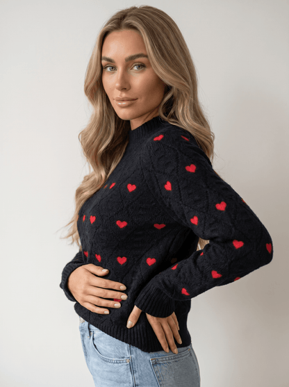 Heart-Embroidered Cable Knit Sweater - vencé