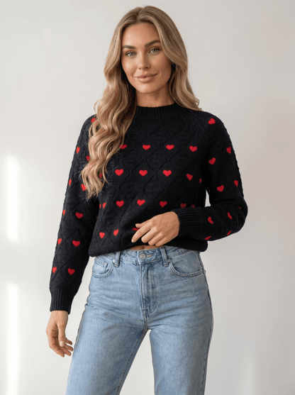 Heart-Embroidered Cable Knit Sweater - vencé