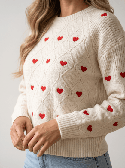 Heart-Embroidered Cable Knit Sweater - vencé