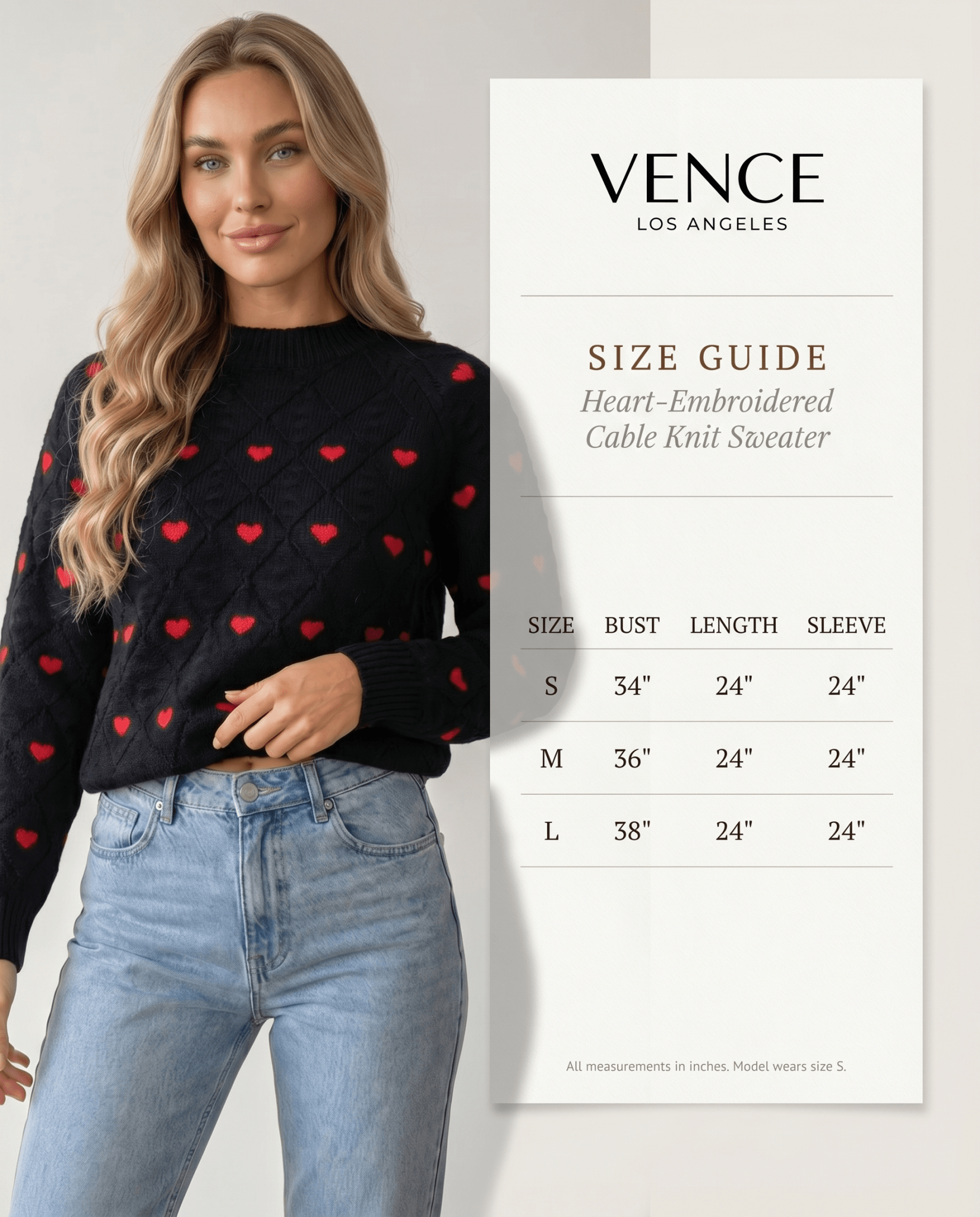 Heart-Embroidered Cable Knit Sweater - vencé