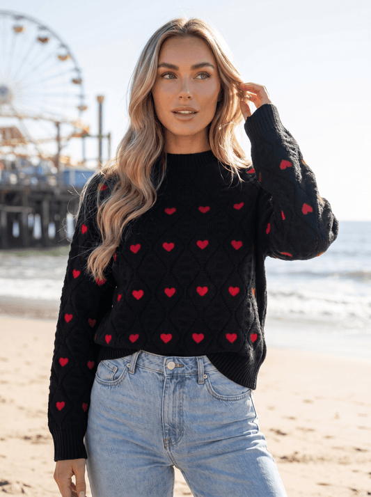 Heart-Embroidered Cable Knit Sweater - vencé
