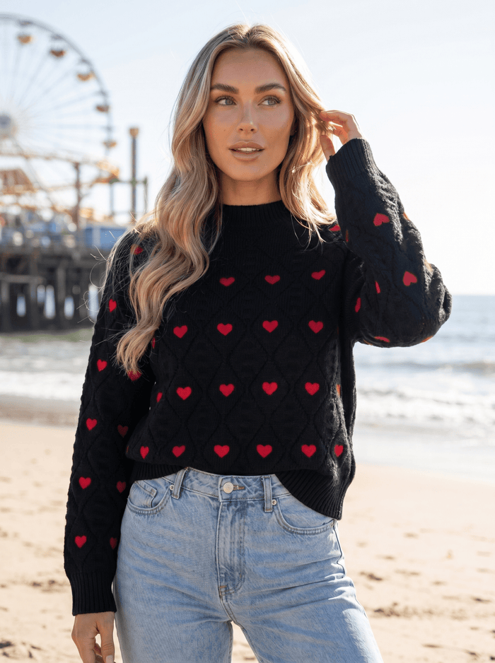 Heart-Embroidered Cable Knit Sweater