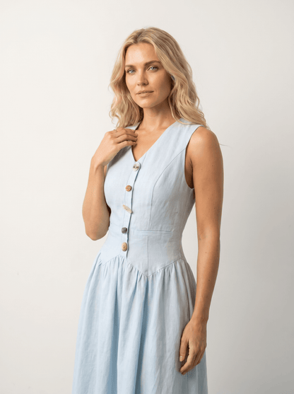 Light Blue Button-Front V-Neck Midi Dress - vencé
