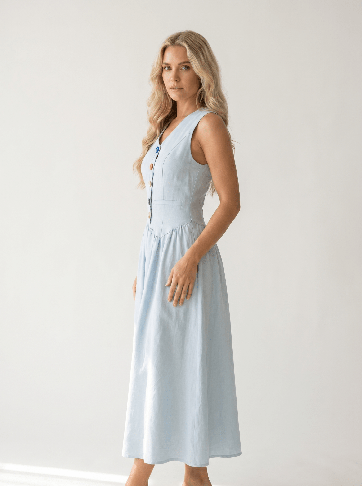 Light Blue Button-Front V-Neck Midi Dress - vencé