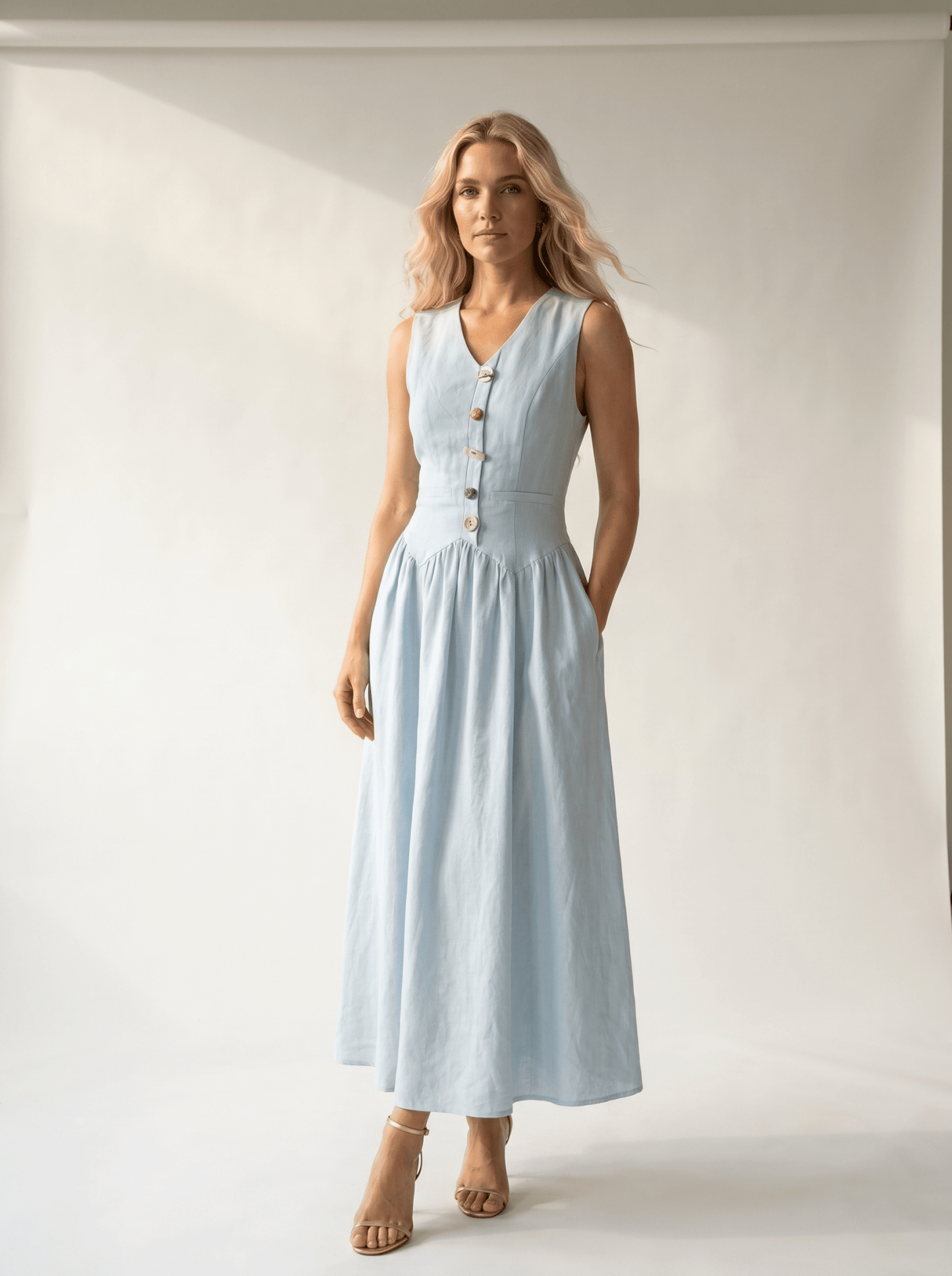 Light Blue Button-Front V-Neck Midi Dress - vencé