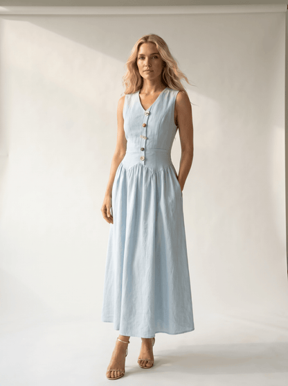 Light Blue Button-Front V-Neck Midi Dress - vencé