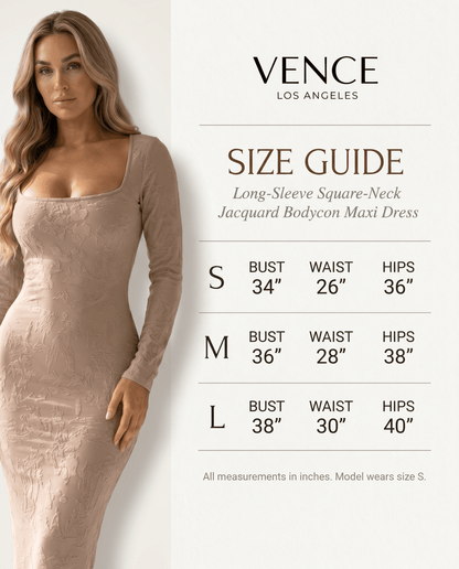 Long-Sleeve Square-Neck Jacquard Bodycon Maxi Dress - vencé