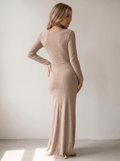 Long-Sleeve Square-Neck Jacquard Bodycon Maxi Dress - vencé