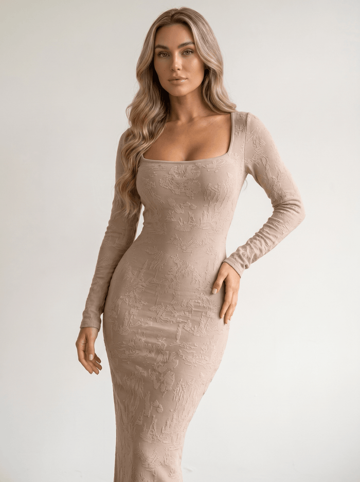 Long-Sleeve Square-Neck Jacquard Bodycon Maxi Dress