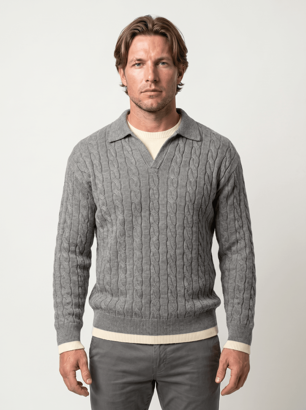 Mens Mock Two-Piece Cable Knit Sweater - vencé