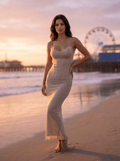 Mesh Corset Lace-Trim Bodycon Maxi Dress - vencé