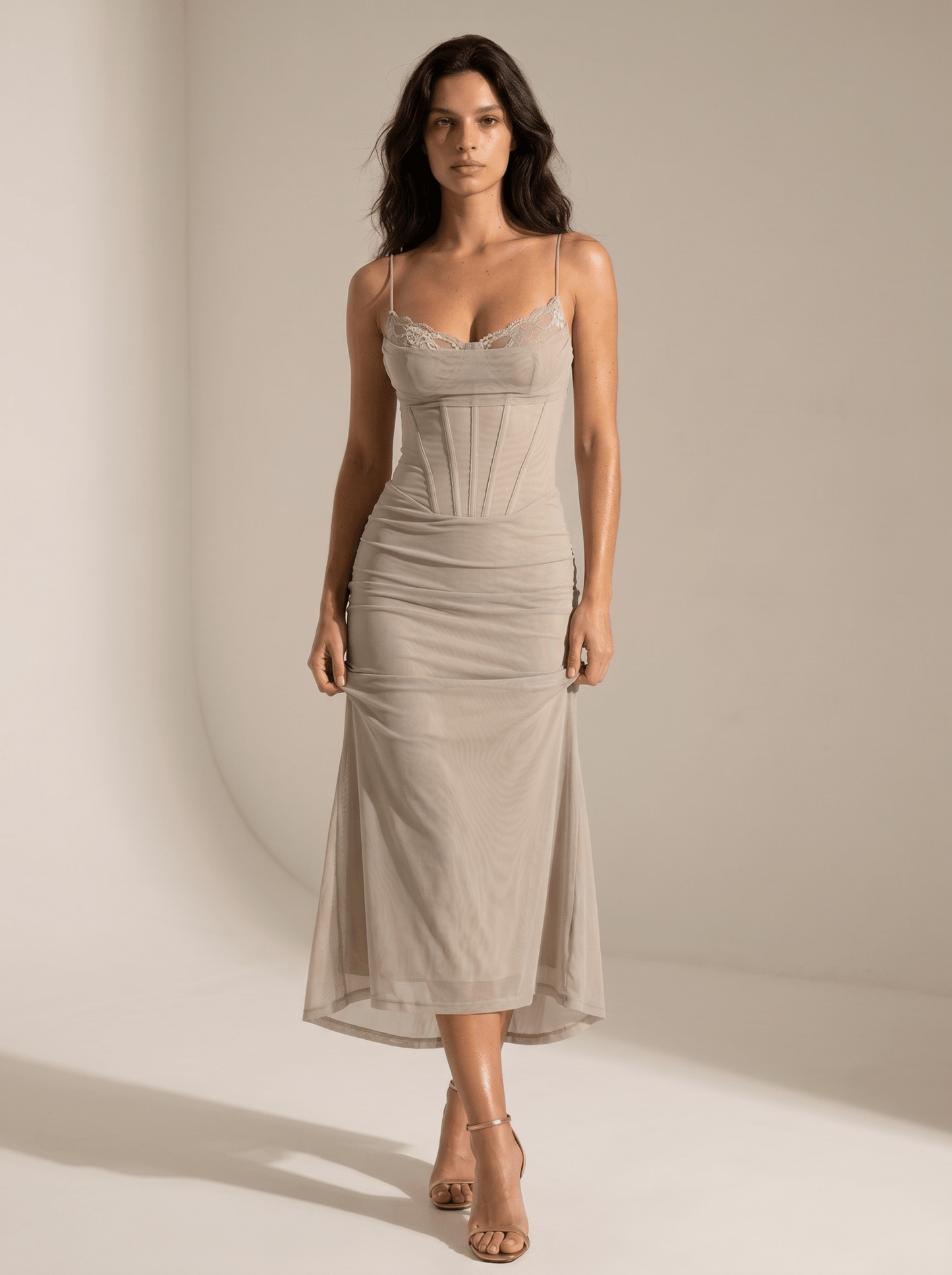 Mesh Corset Lace-Trim Bodycon Maxi Dress - vencé