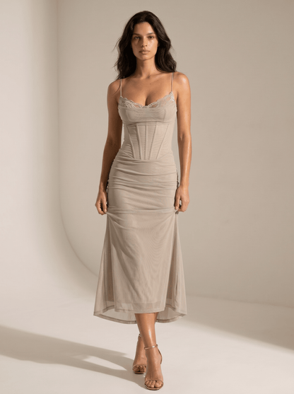 Mesh Corset Lace-Trim Bodycon Maxi Dress - vencé