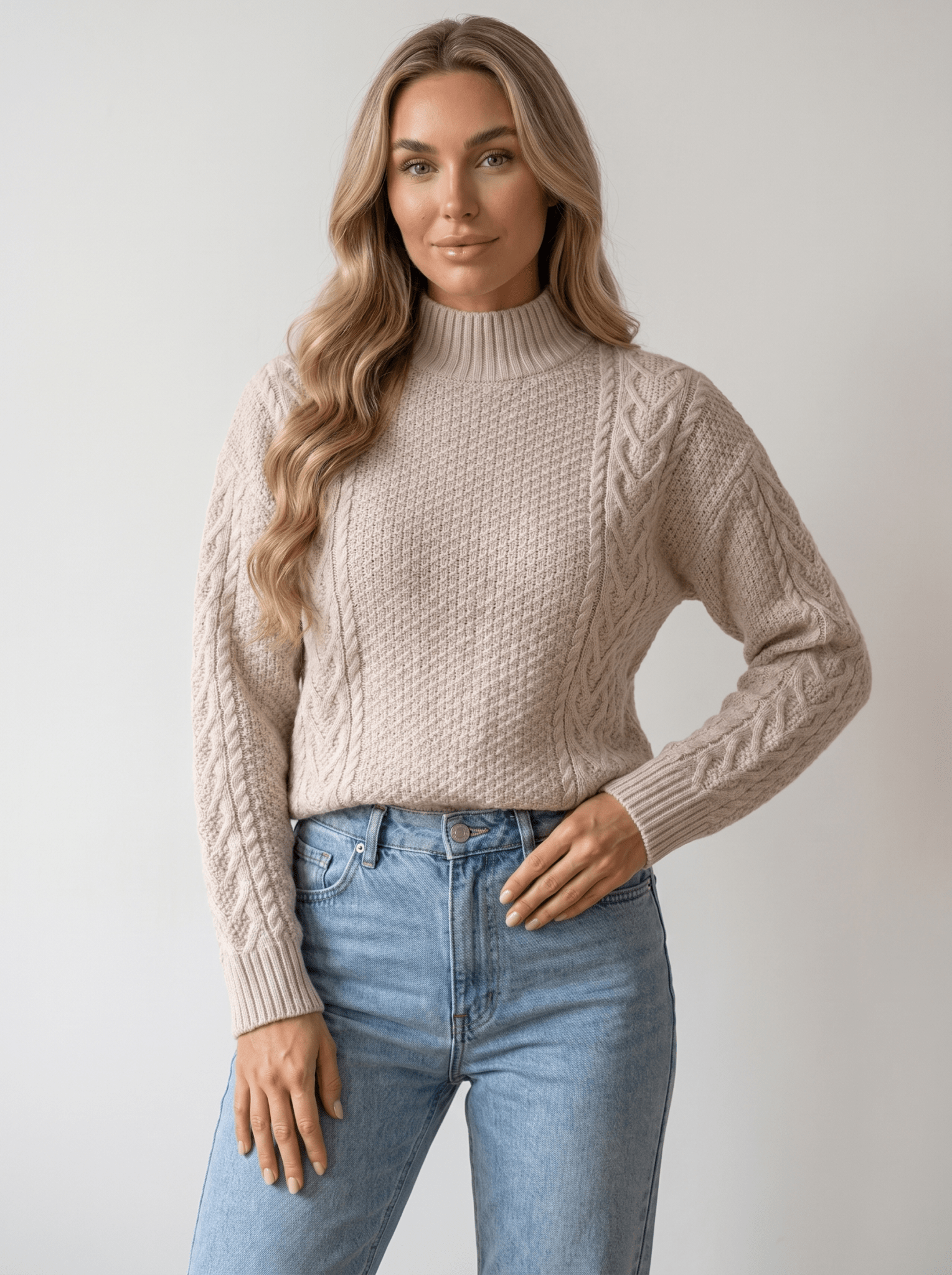 Mock-Neck Cable Knit Sweater - vencé