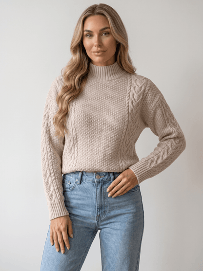 Mock-Neck Cable Knit Sweater - vencé