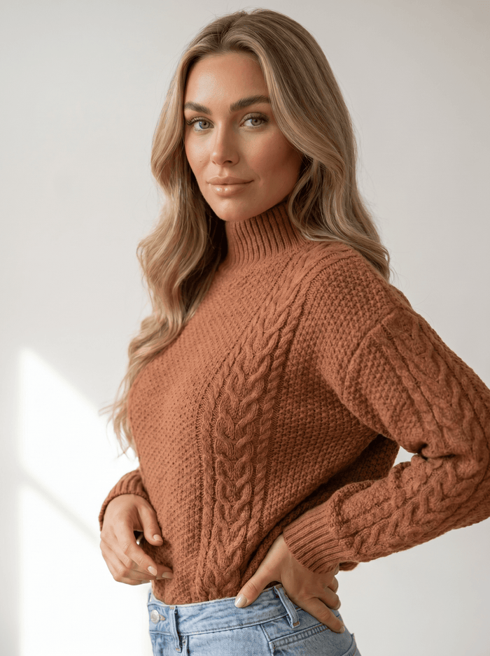 Mock-Neck Cable Knit Sweater