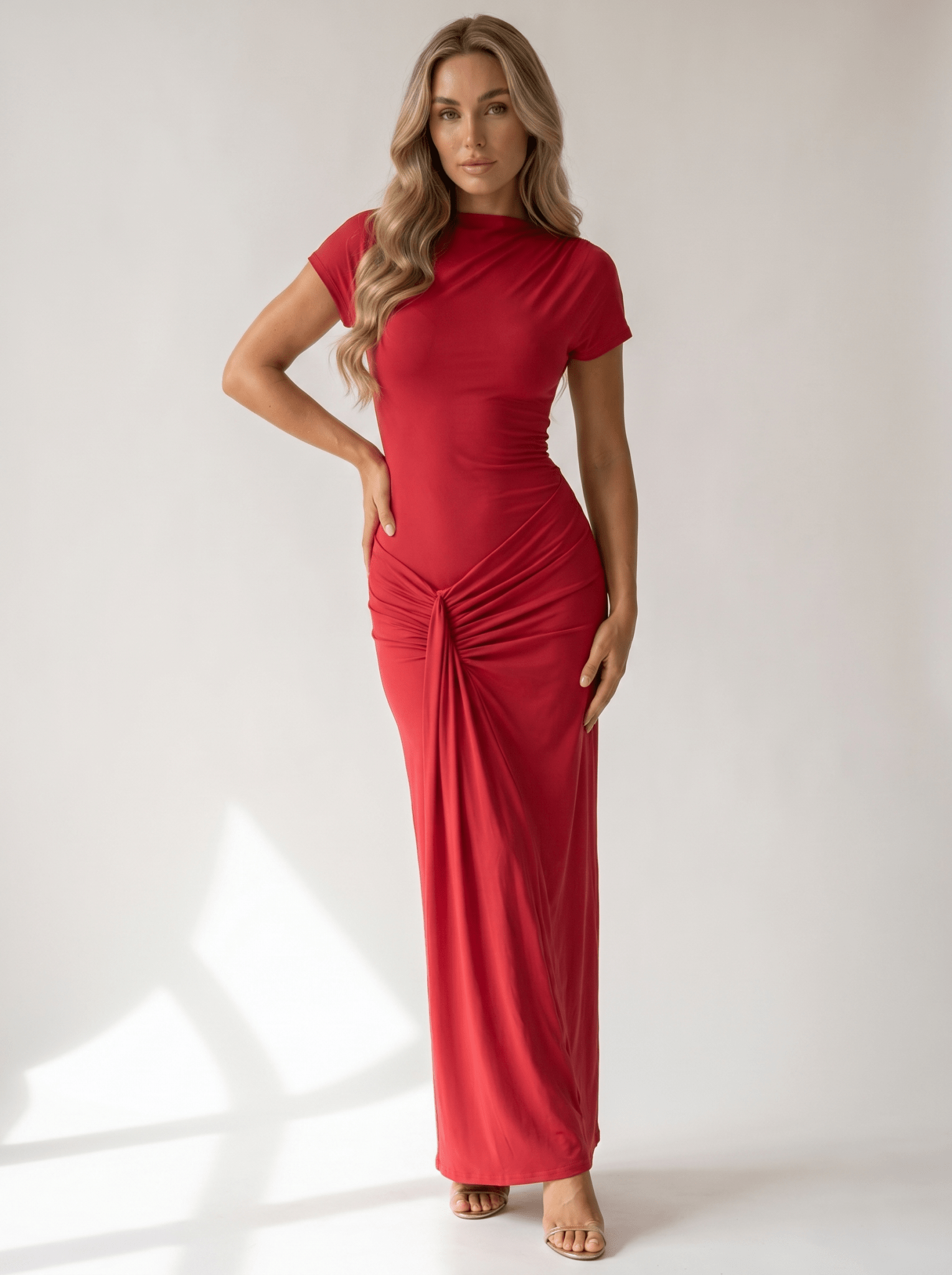 Mock-Neck Cap-Sleeve Twist-Front Bodycon Maxi Dress - vencé
