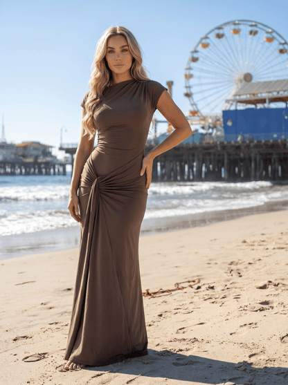Mock-Neck Cap-Sleeve Twist-Front Bodycon Maxi Dress - vencé