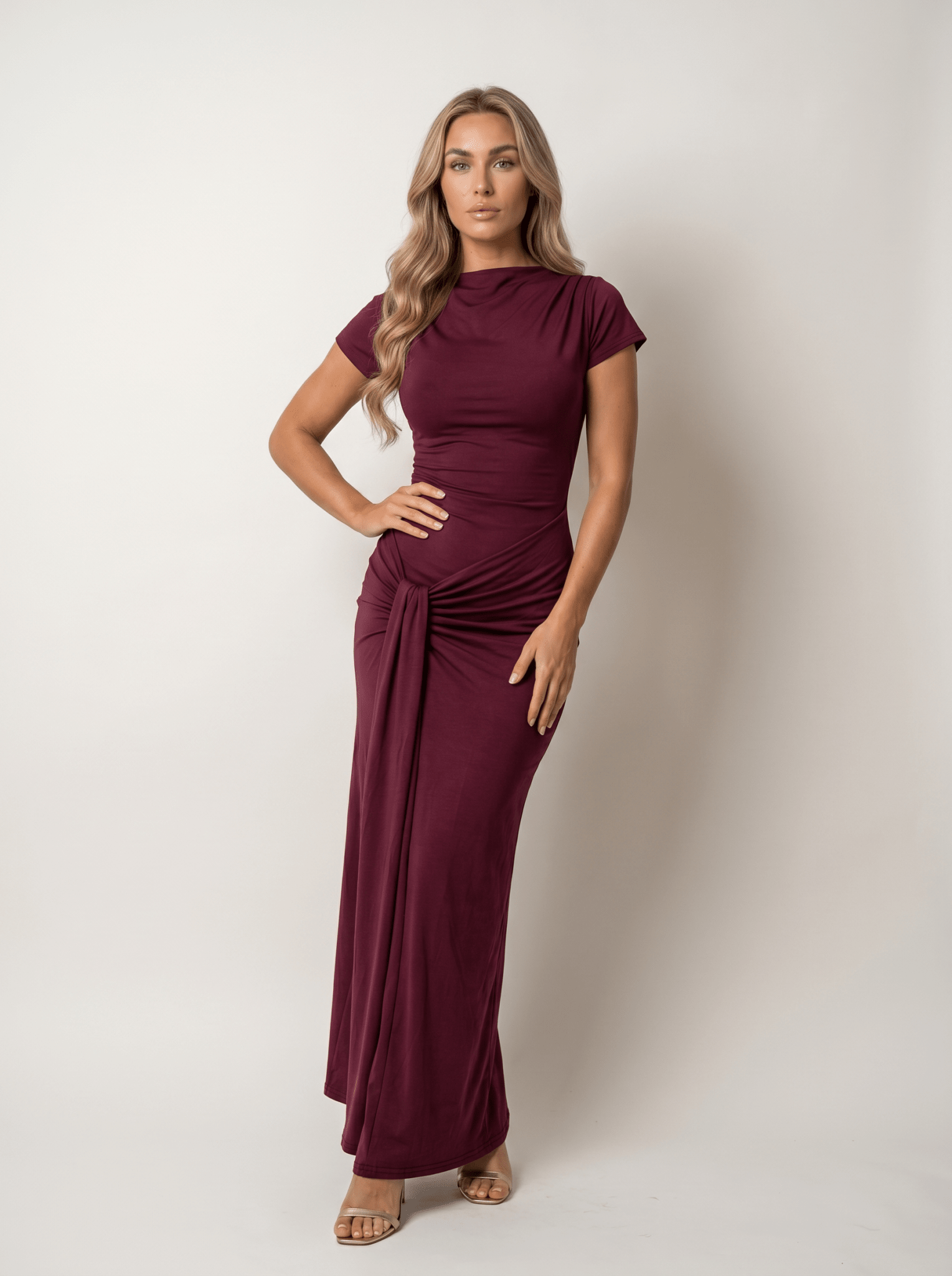 Mock-Neck Cap-Sleeve Twist-Front Bodycon Maxi Dress - vencé