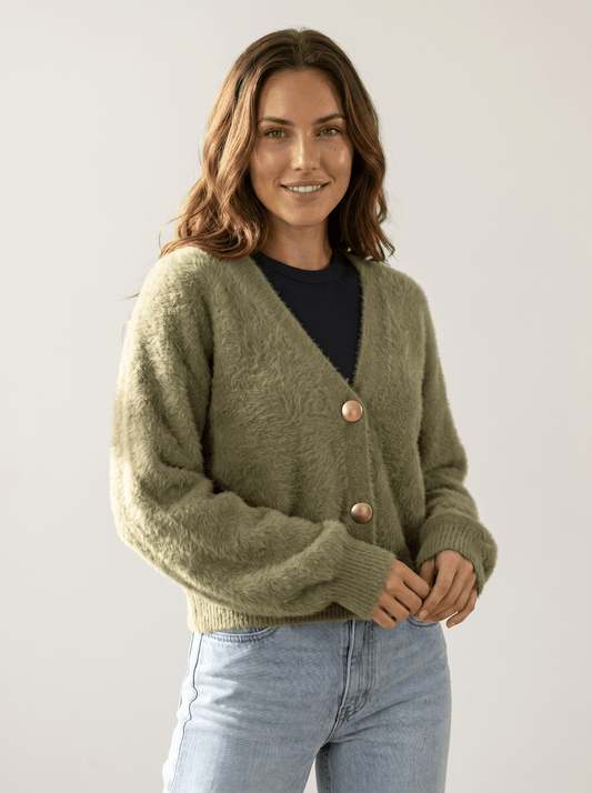 Mohair Lantern-Sleeve Knit Cardigan - vencé