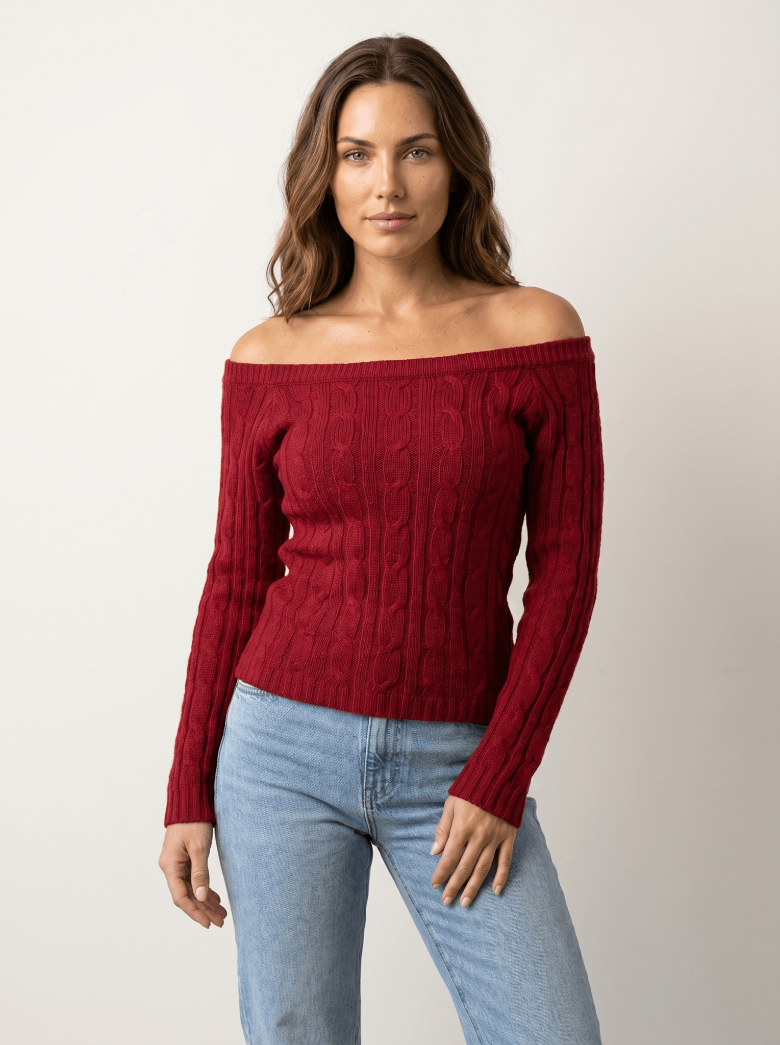 Off-Shoulder Cable Knit Sweater - vencé