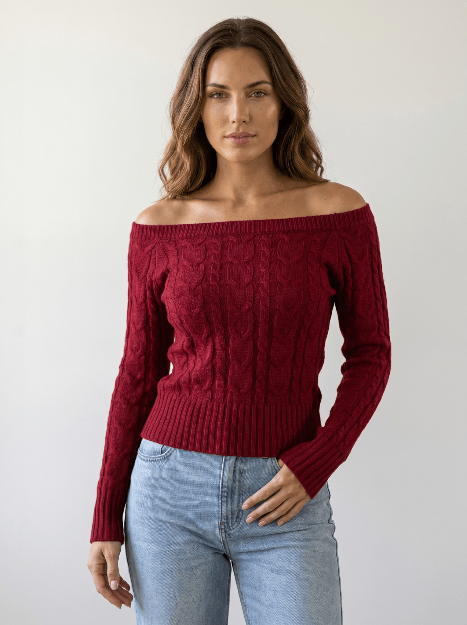 Off-Shoulder Cable Knit Sweater - vencé