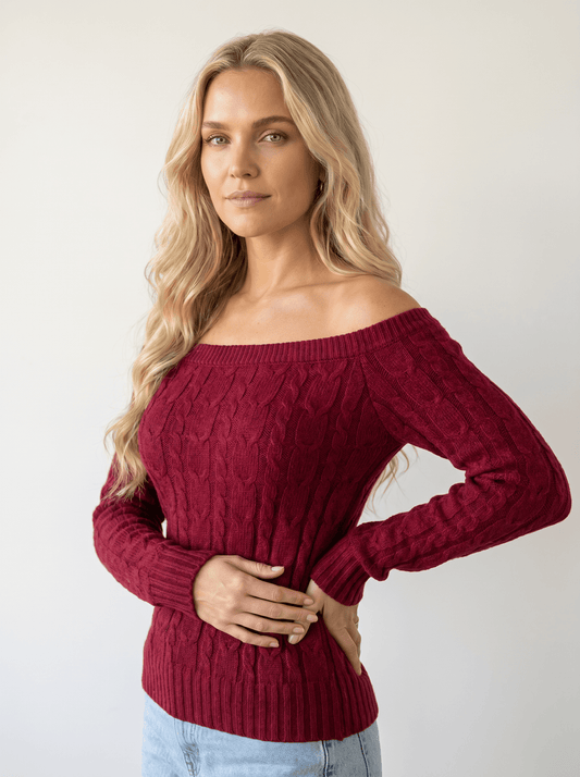 Off-Shoulder Cable Knit Sweater - vencé