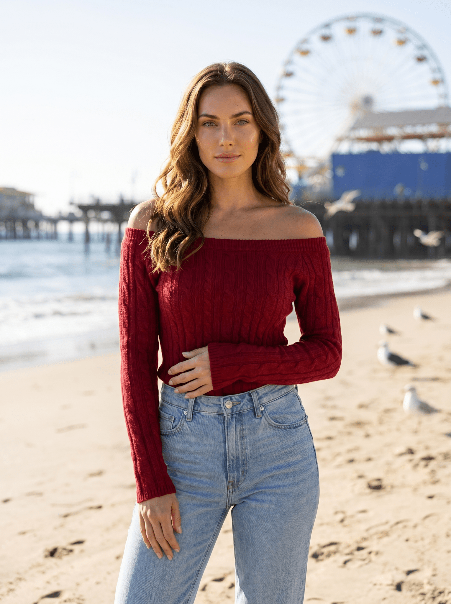 Off-Shoulder Cable Knit Sweater - vencé