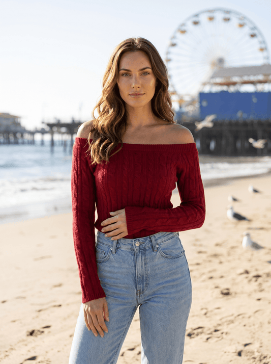 Off-Shoulder Cable Knit Sweater - vencé