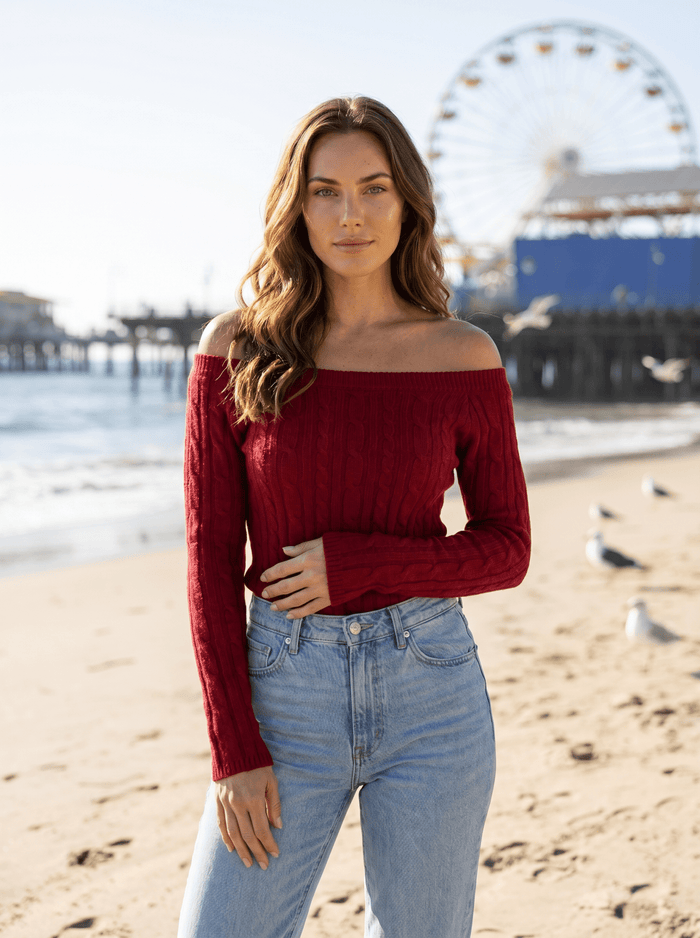 Off-Shoulder Cable Knit Sweater