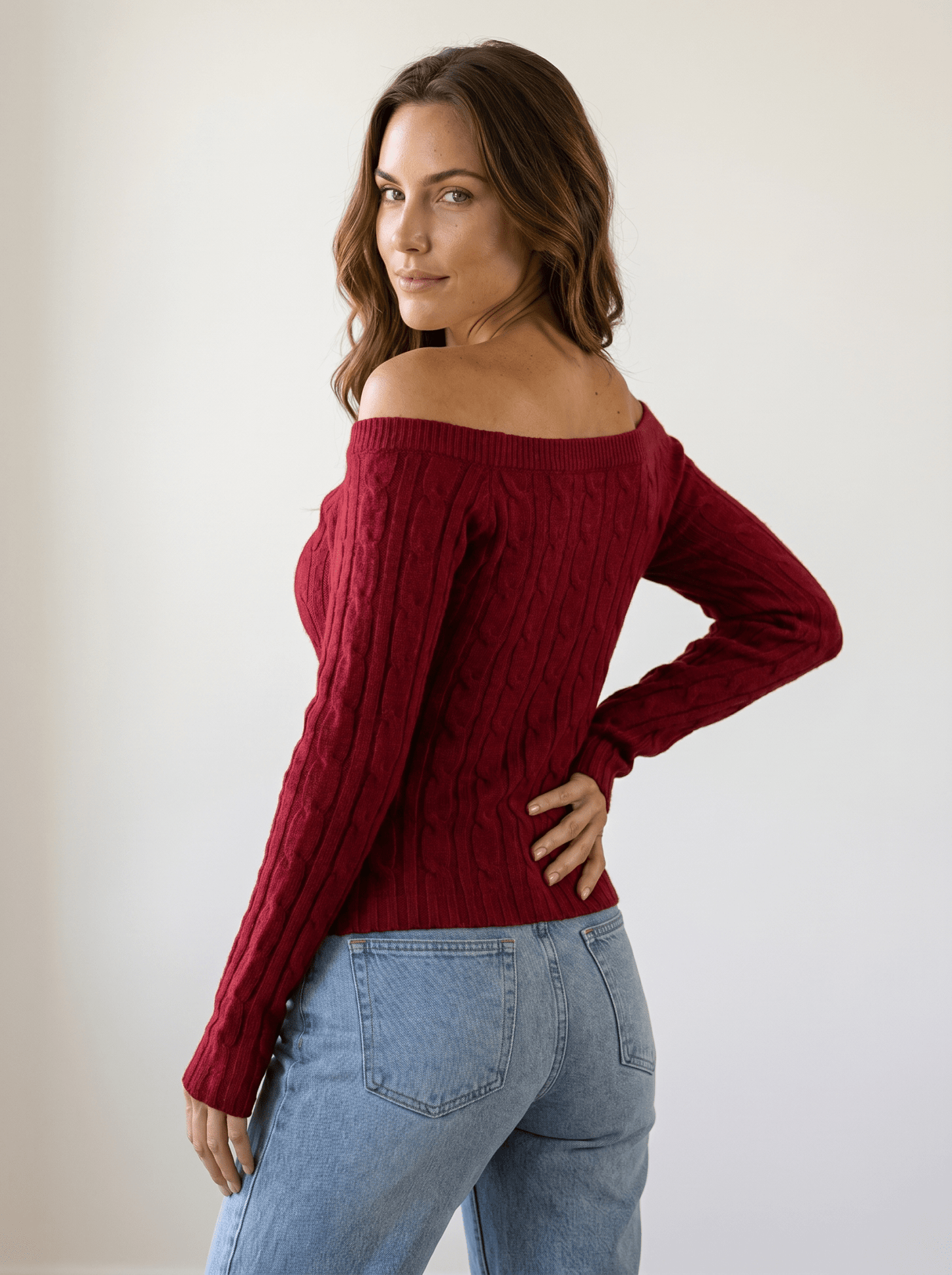 Off-Shoulder Cable Knit Sweater - vencé