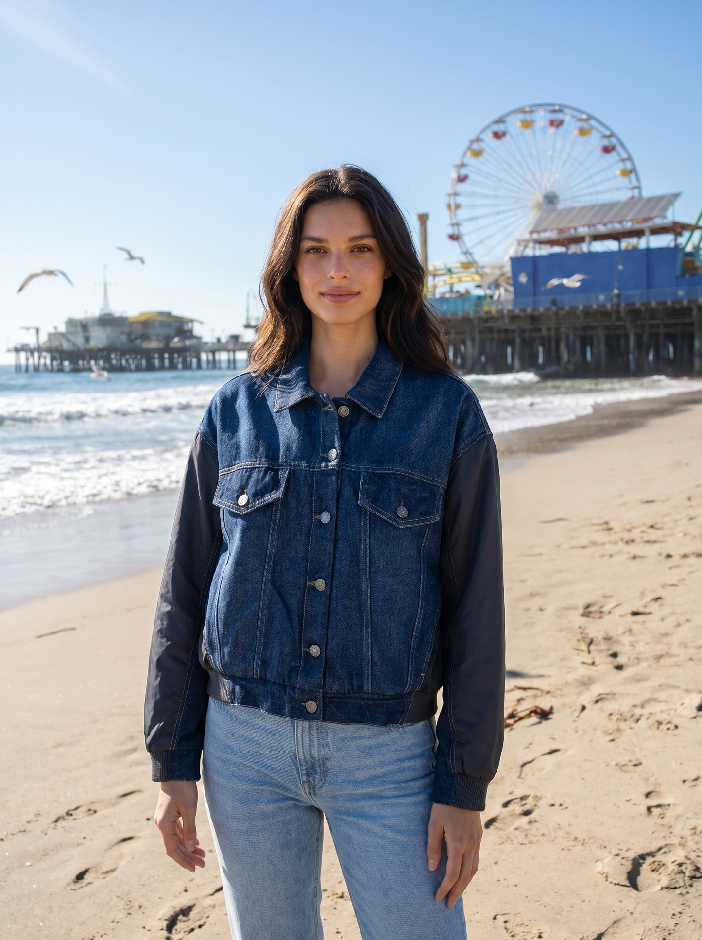 Contrast-Sleeve Denim Bomber Jacket