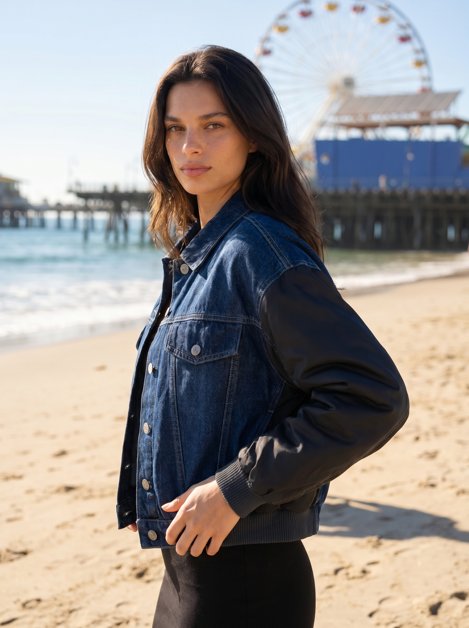 Contrast-Sleeve Denim Bomber Jacket