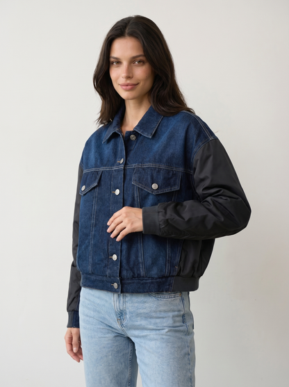 Contrast-Sleeve Denim Bomber Jacket