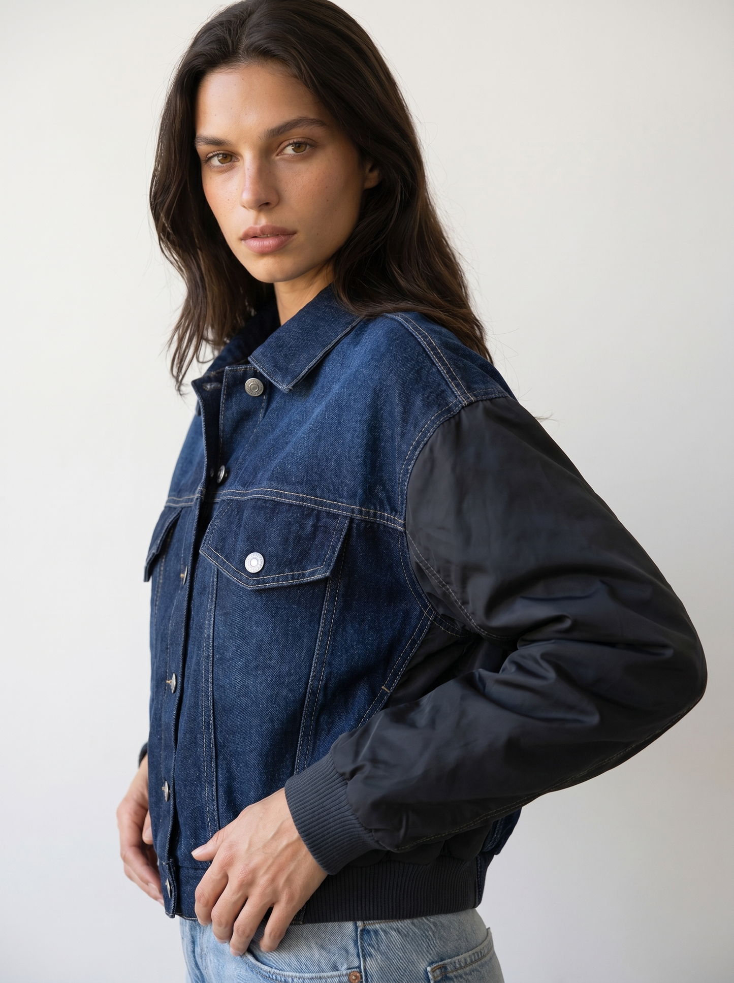 Contrast-Sleeve Denim Bomber Jacket