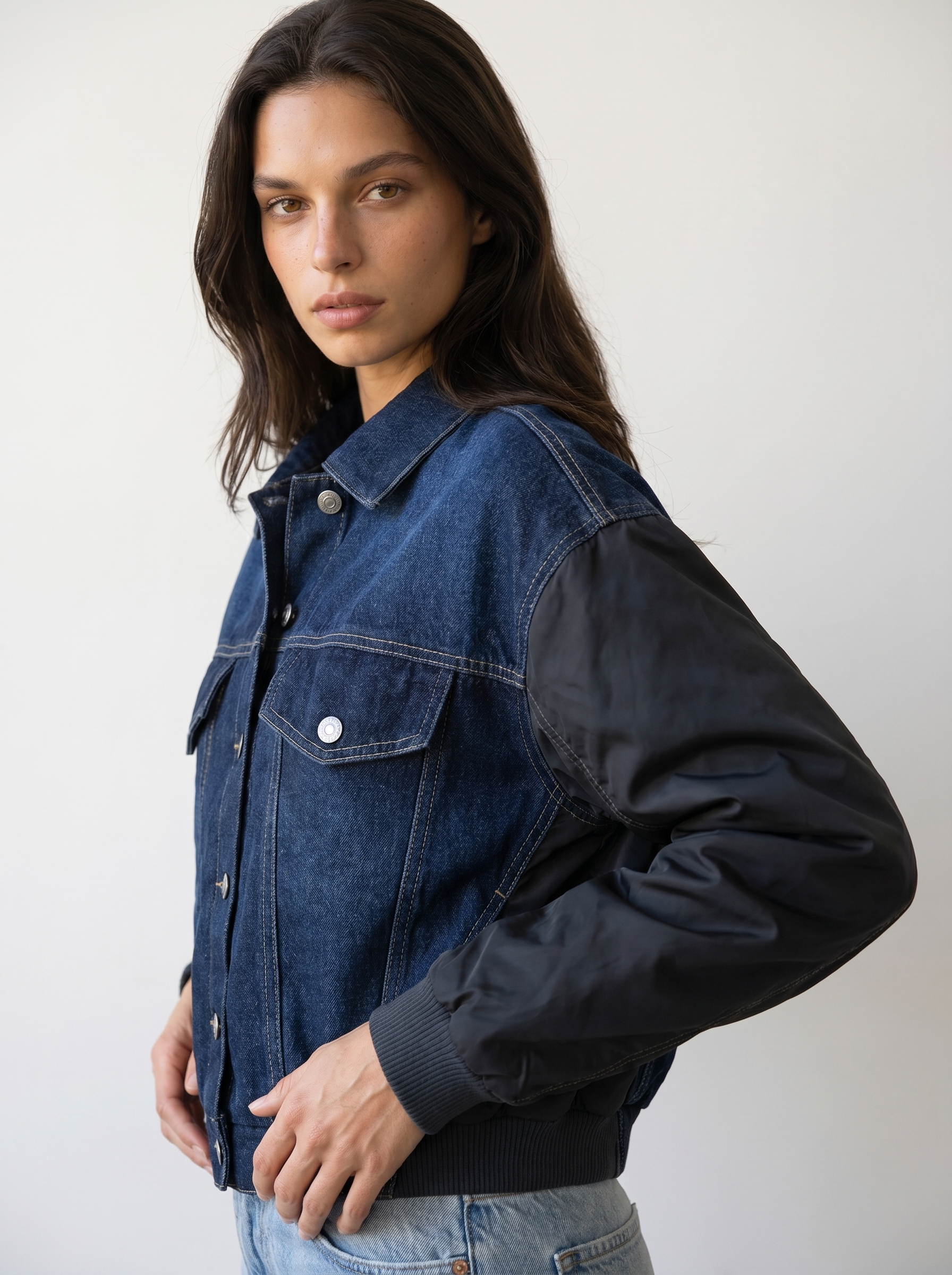 Contrast-Sleeve Denim Bomber Jacket