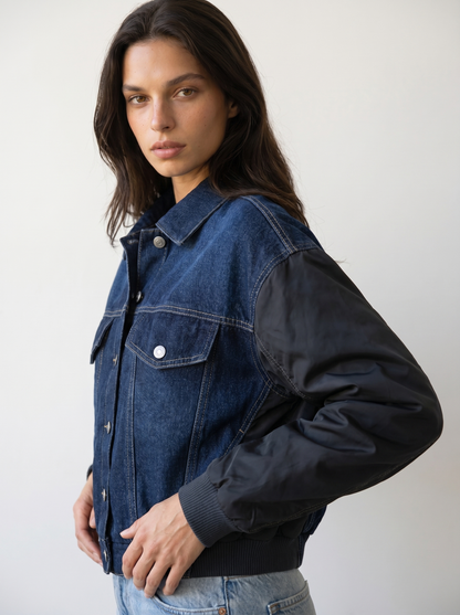 Contrast-Sleeve Denim Bomber Jacket