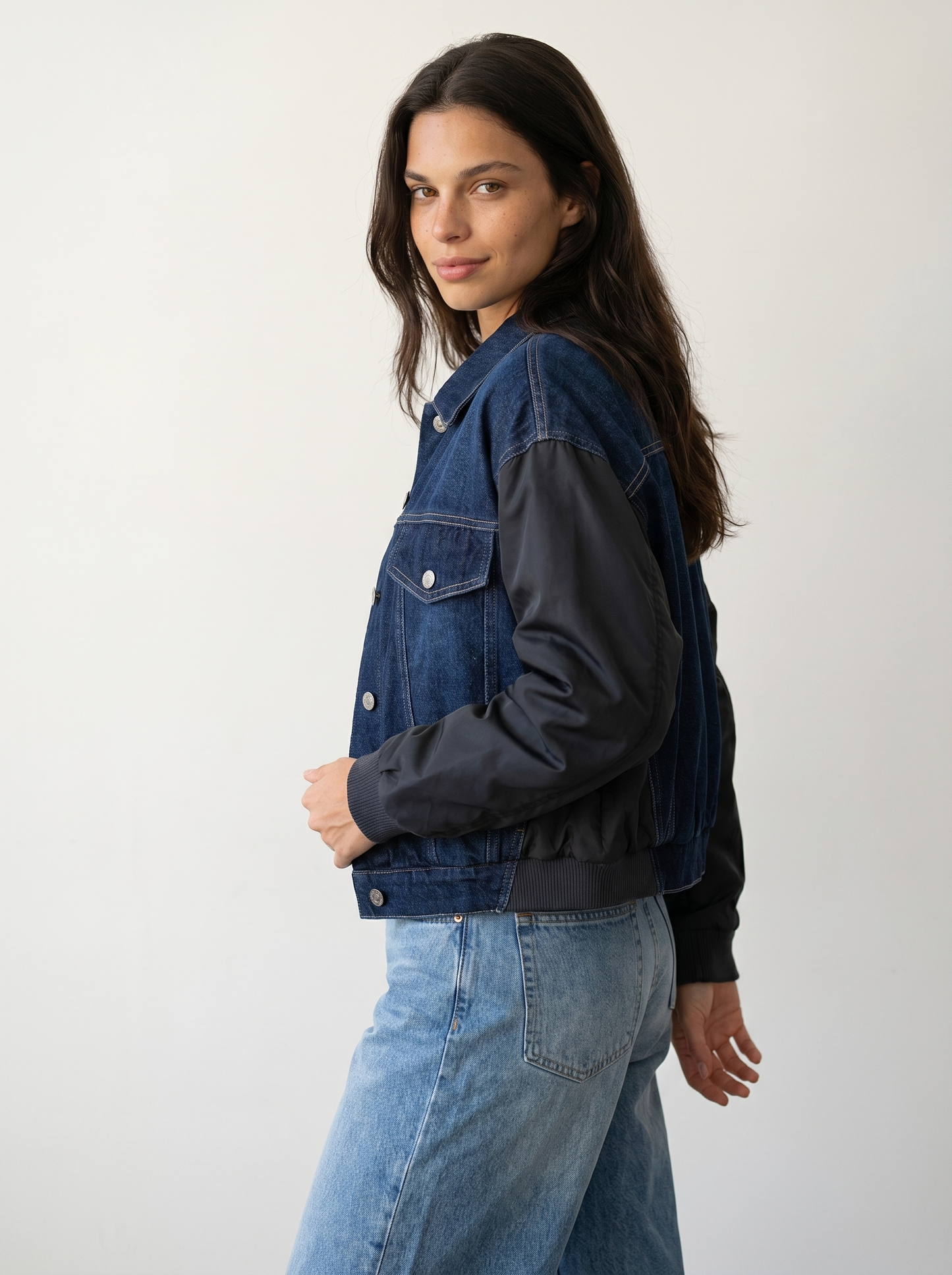 Contrast-Sleeve Denim Bomber Jacket