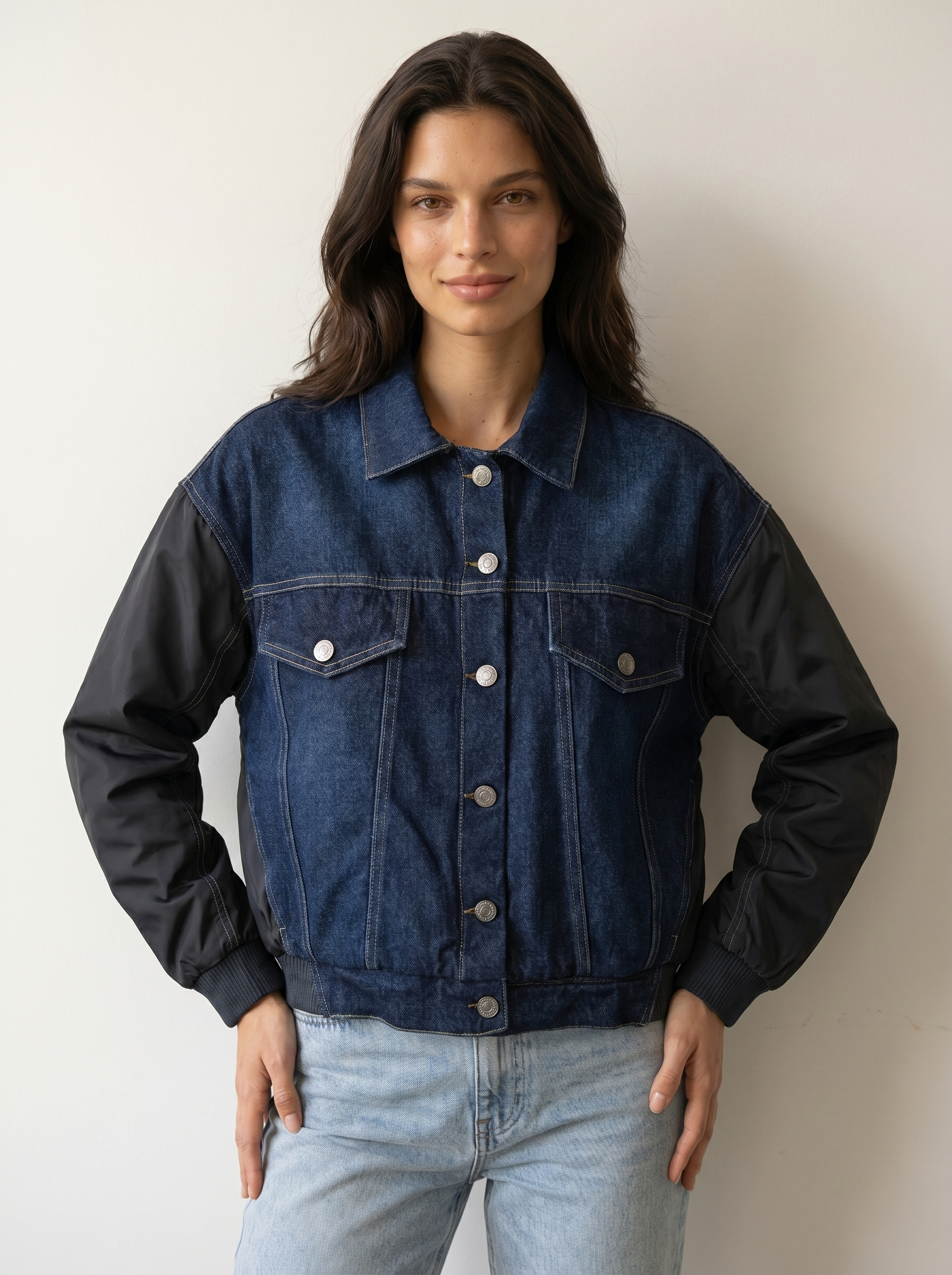Contrast-Sleeve Denim Bomber Jacket