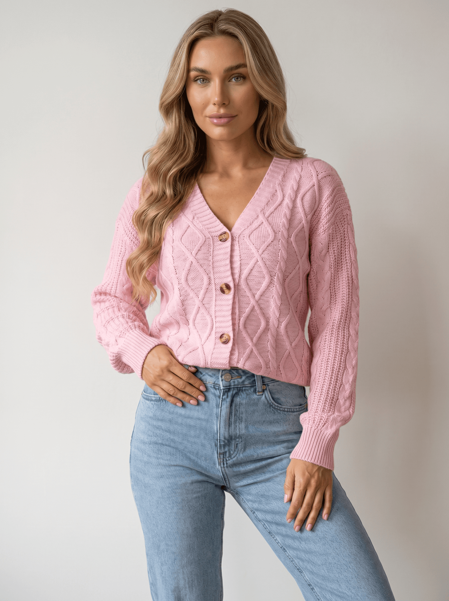 Pink Cable Knit Sweater Cardigan - vencé