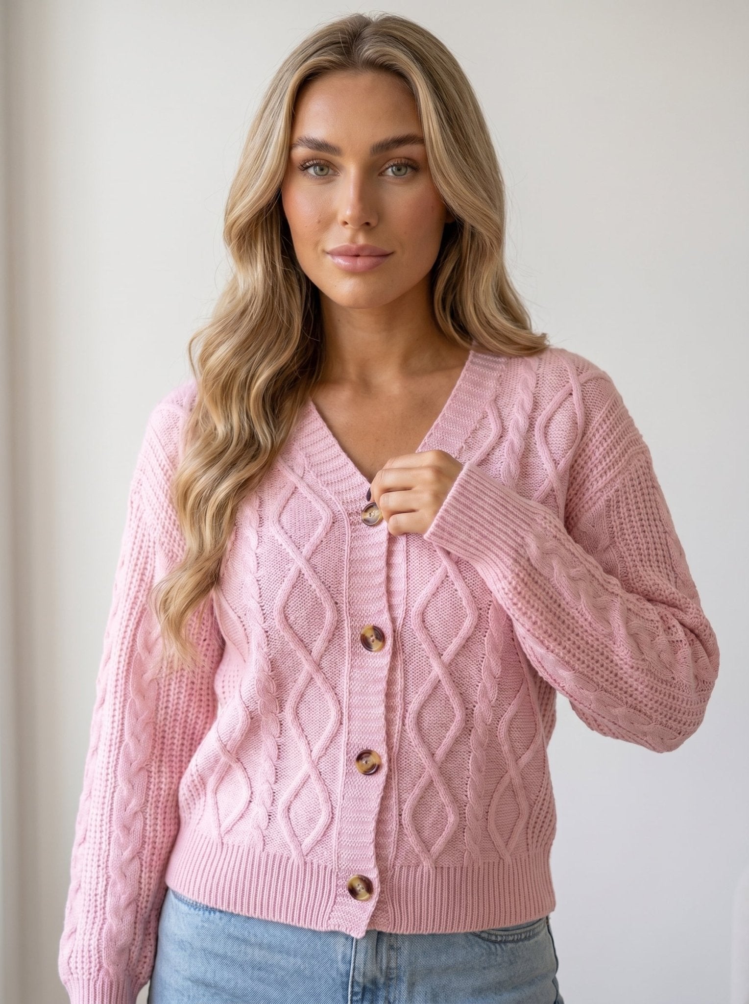 Pink Cable Knit Sweater Cardigan - vencé