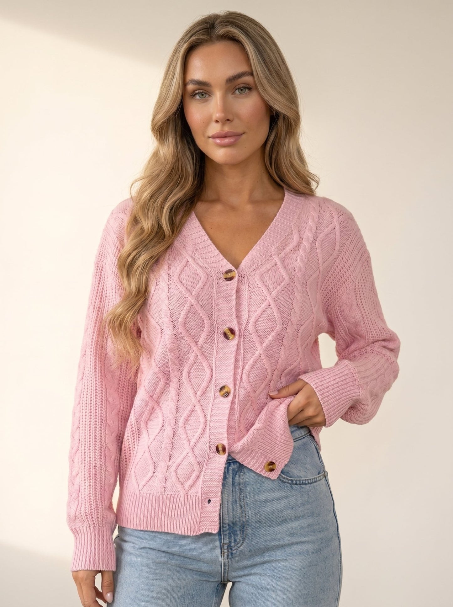 Pink Cable Knit Sweater Cardigan - vencé