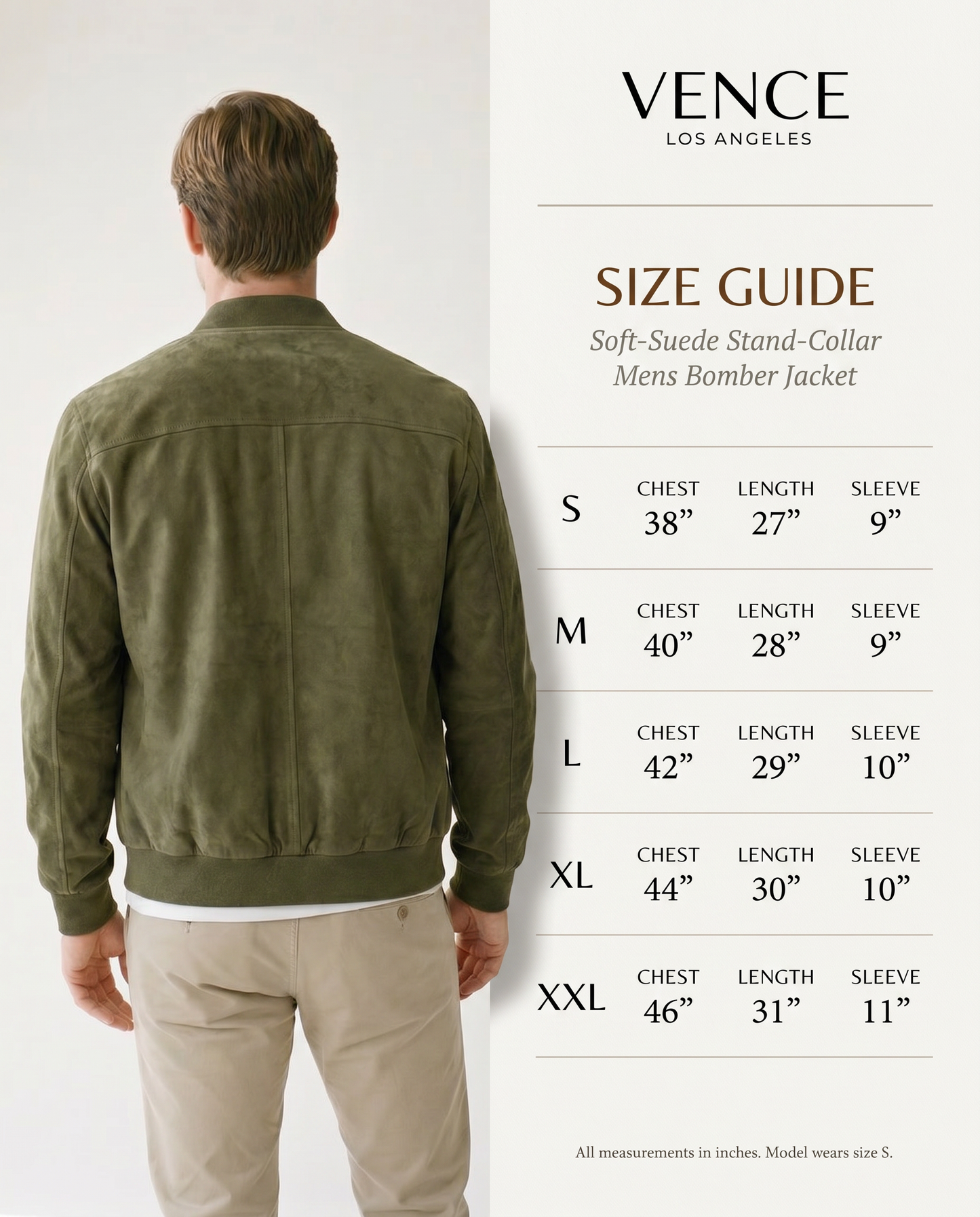 Soft-Suede Stand-Collar Mens Bomber Jacket — size guide