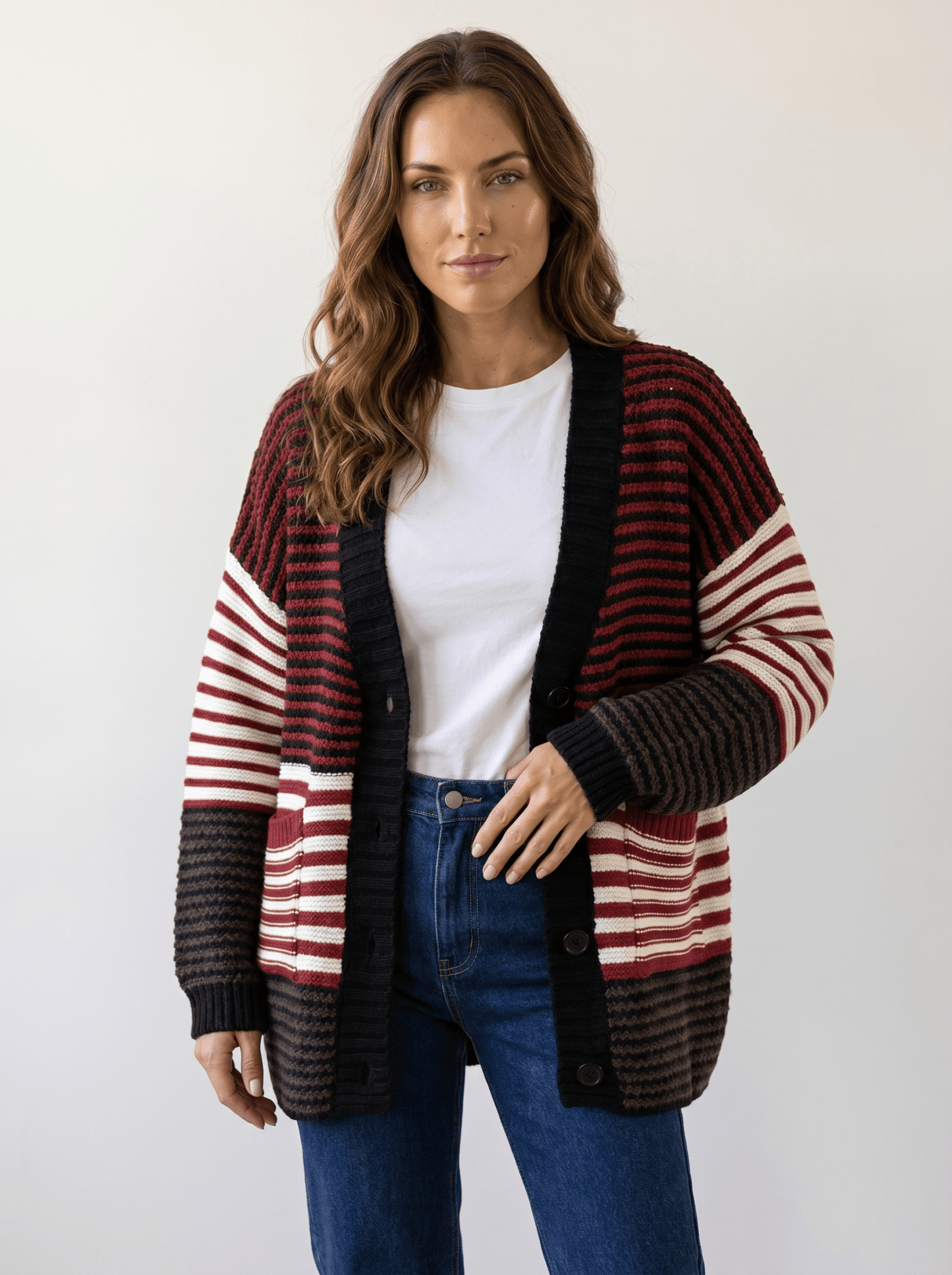 Striped V-Neck Oversized Cable Cardigan - vencé