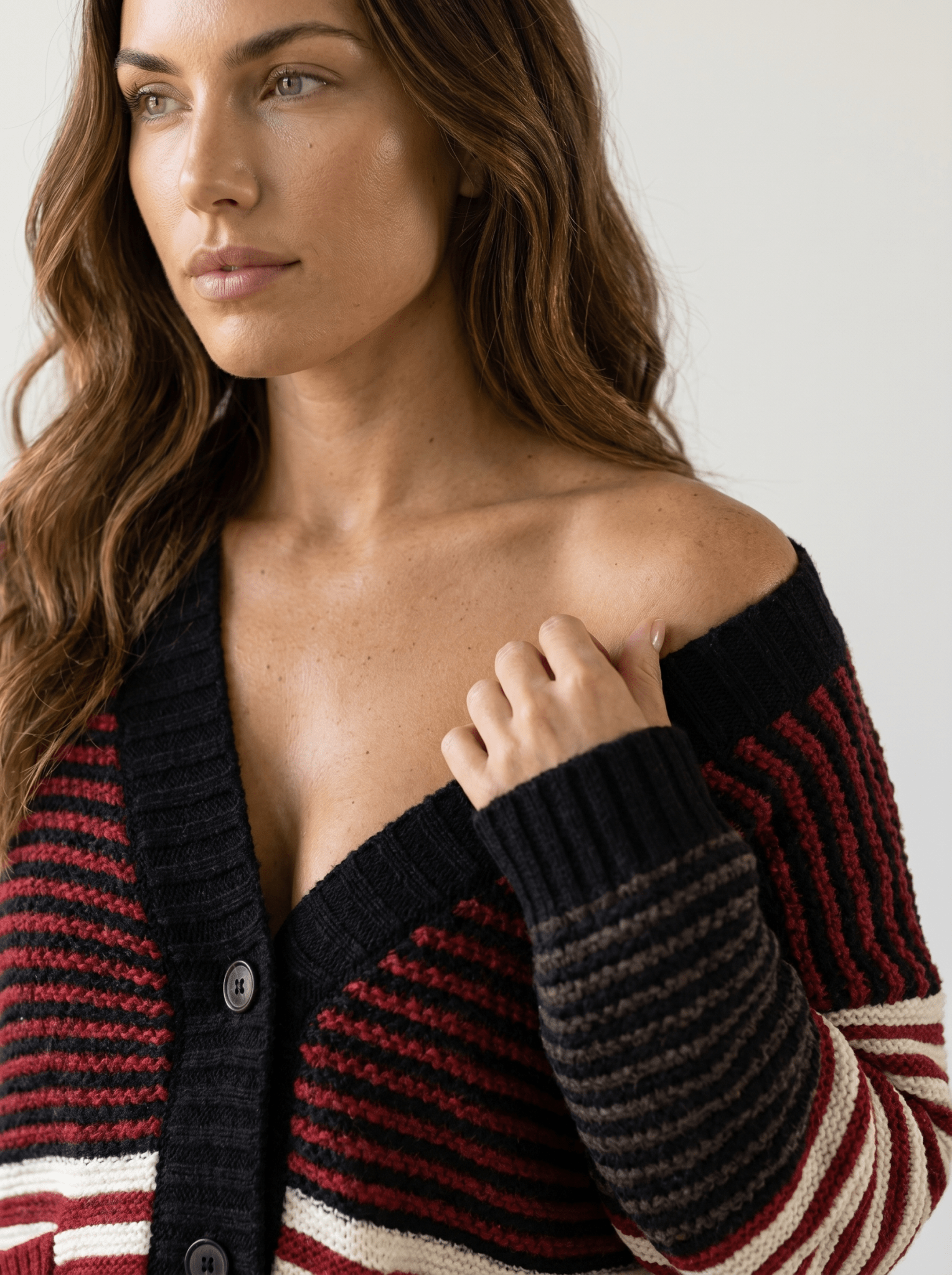 Striped V-Neck Oversized Cable Cardigan - vencé