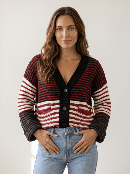 Striped V-Neck Oversized Cable Cardigan - vencé