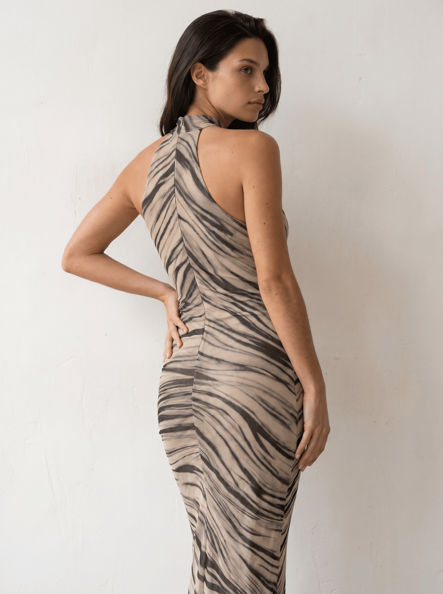 Tiger-Marble Mesh Halter Mermaid Maxi Dress - vencé