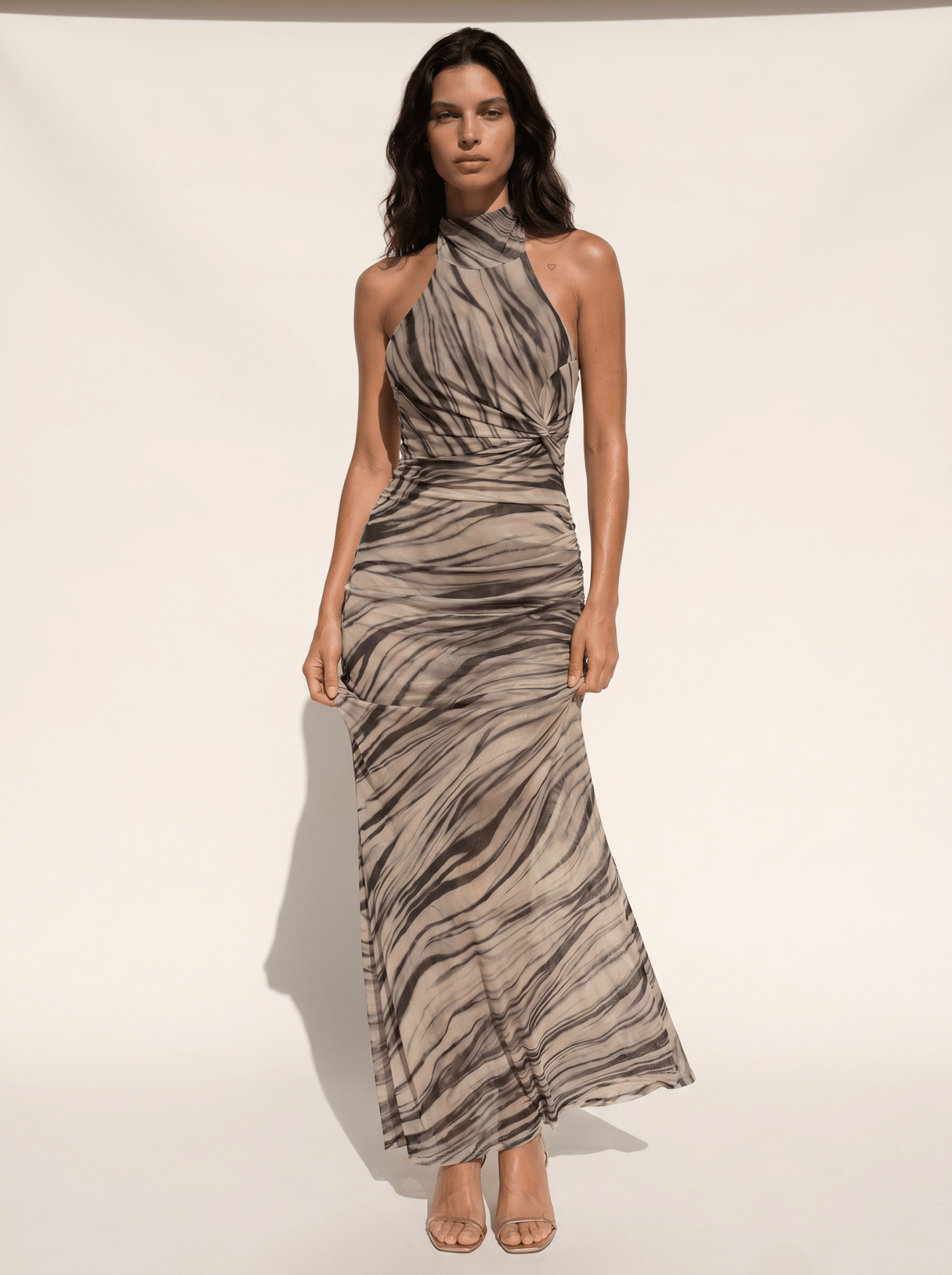 Tiger-Marble Mesh Halter Mermaid Maxi Dress - vencé